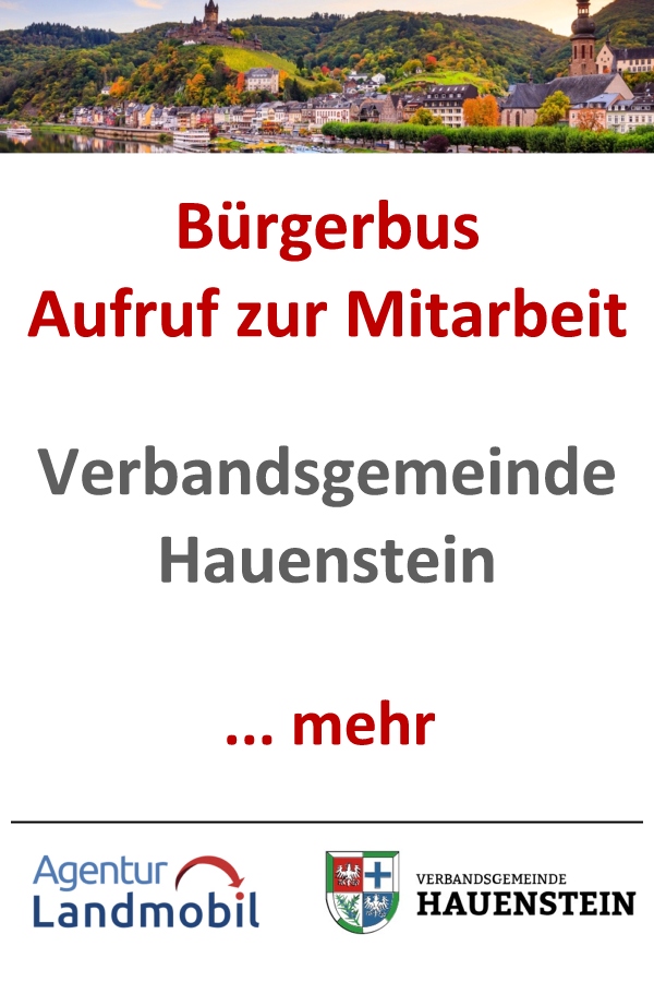 Verbandsgsmeinde Hauenstein und Agentur Landmbil rufen gemeinsam zur Mitarbeit beim geplanten Bürgerbusprojekt in der Verbandsgemeinde Hauenstein auf. Ansprechpartner ist VG-Bürgermeister Patrick Weißler. Grafik (c) Agentur Landmobil Verbandsgsmeinde Hauenstein und Agentur Landmbil rufen gemeinsam zur Mitarbeit beim geplanten Bürgerbusprojekt in der Verbandsgemeinde Hauenstein auf. Ansprechpartner ist VG-Bürgermeister Patrick Weißler. Grafik (c) Agentur Landmobil