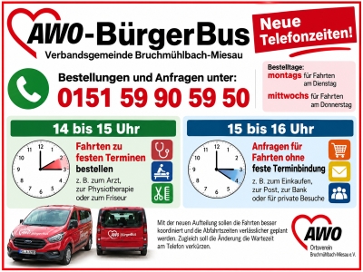 Der AWO-Bürgerbus in Bruchmühlbach-Miesau hat neue Bestellzeiten bzw. das Telefonsystem angepasst.