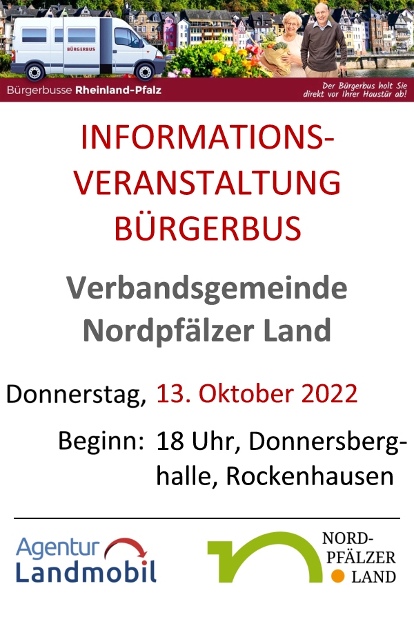 Die Informationsveranstaltung Projekt Bürgerbus Verbandsgemeinde Nordpfälzer Land findet statt am Donnerstag, den 13. Oktober 2022 ab 18 Uhr in der Donnersberghalle in Rockenhausen. (c) Agentur Landmobil