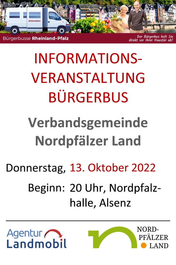Die Informationsveranstaltung Projekt Bürgerbus Verbandsgemeinde Nordpfälzer Land findet statt am Donnerstag, den 13. Oktober 2022 ab 20 Uhr in der Nordpfalzhalle in Alsenz, Schulstraße 25. Grafik (c) Agentur Landmobil